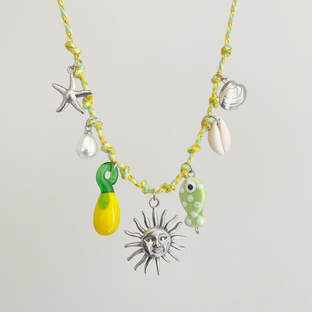 New Stainless Steel Personaliz Diy Knotting Rope Chain Starfish Turtle Pendant Necklace Gold-Plated Color Beach Style