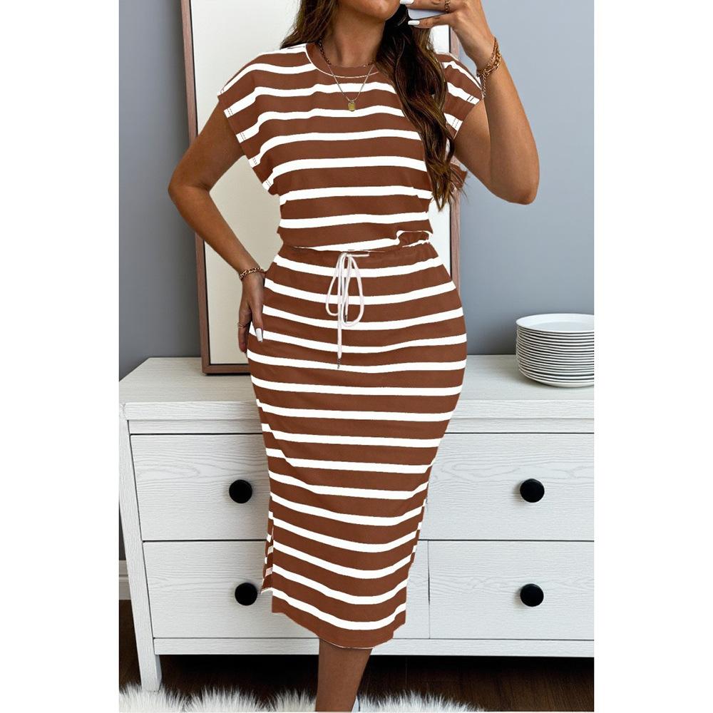 Summer new European and American women's clothing crew neck striped lace-up waist large size dress