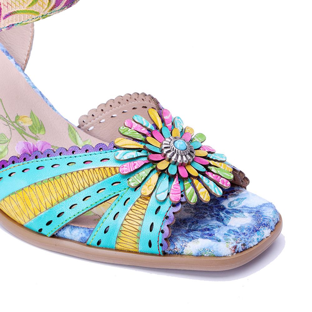 Johnature Sandali Stampati Colorati con Tacco Alto in Vera Pelle Stile Barocco Retrò Raffinati Floreali Scarpe da Donna