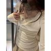 Lace U-neck floral splicing fake two-piece top spring slim-fitting sweet and spicy inner bottoming shirt long-sleeved T-shirt women