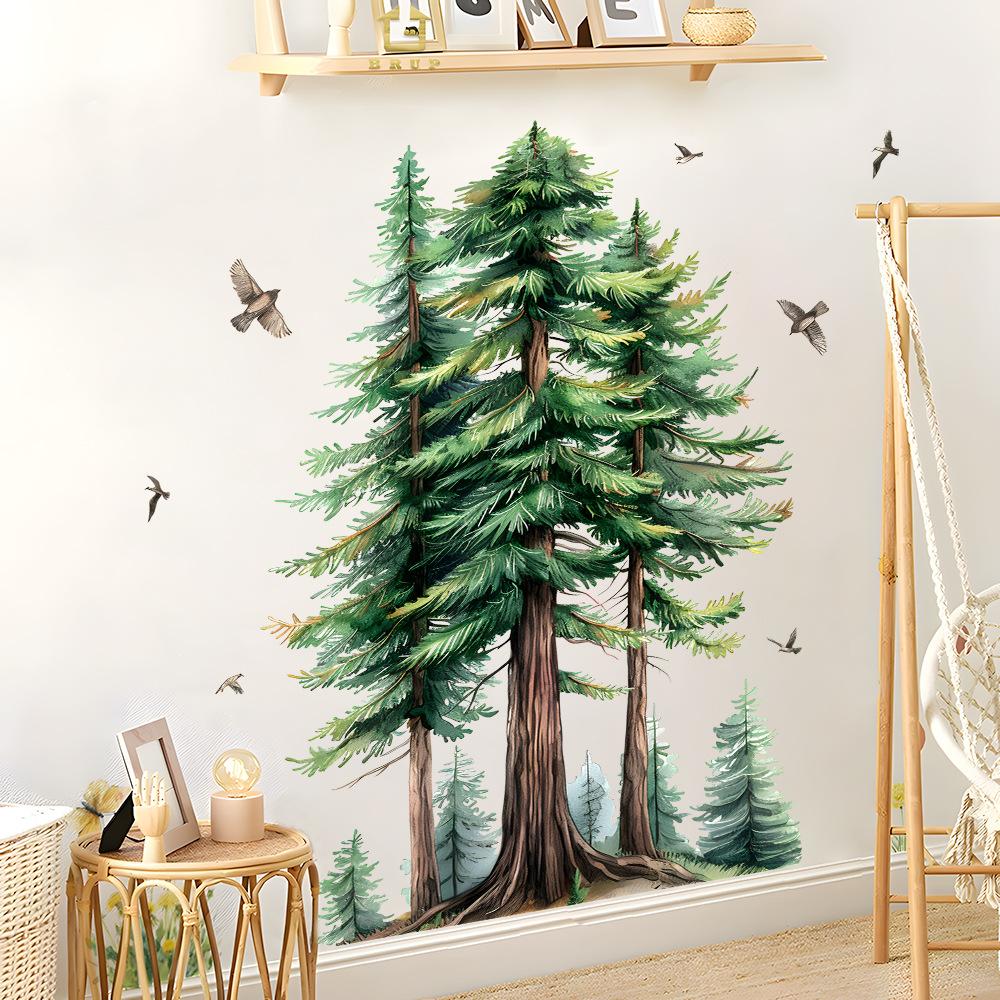 Nature-inspired Redwood Forest Wall Stickers, Fresh Botanical Scene Self-Adhesive Removable Decals for Home Wall Decoration