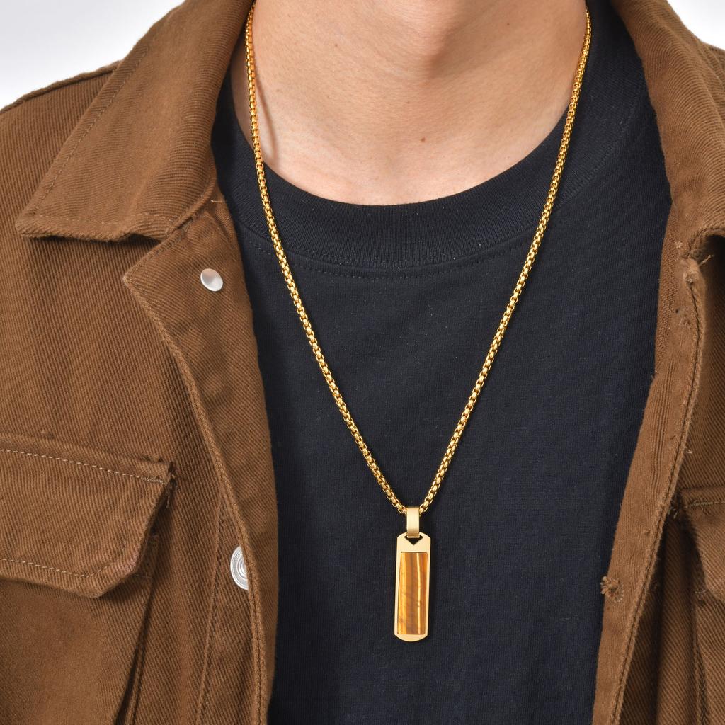 Vnox Vertical Bar Necklaces for Men Boys, Stainless Steel Rectangle Pendant, Gold Color Box Chain Trendy Necklace Jewelry Gifts