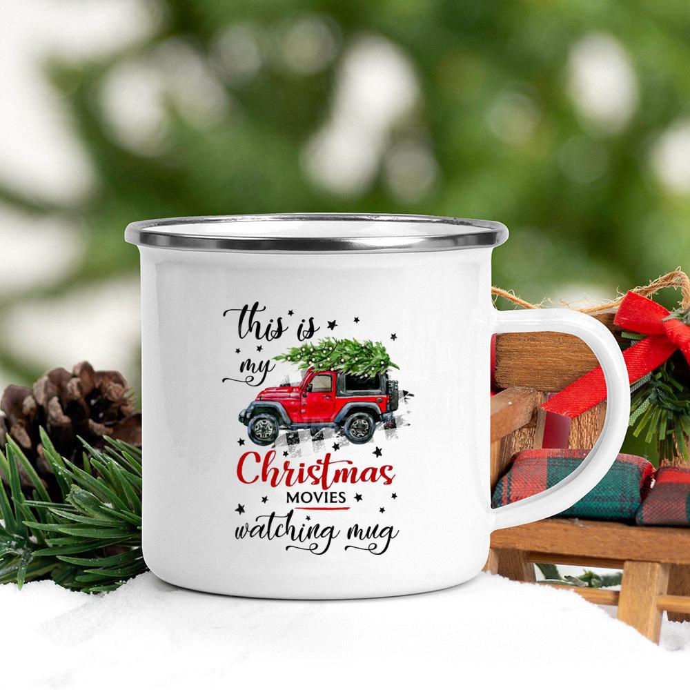 Christmas Tree Deer Truck Print Enamel Mugs Coffee Cups Christmas Party Dessert Hot Cocoa Chocolate Cup Gifts for Friends Family