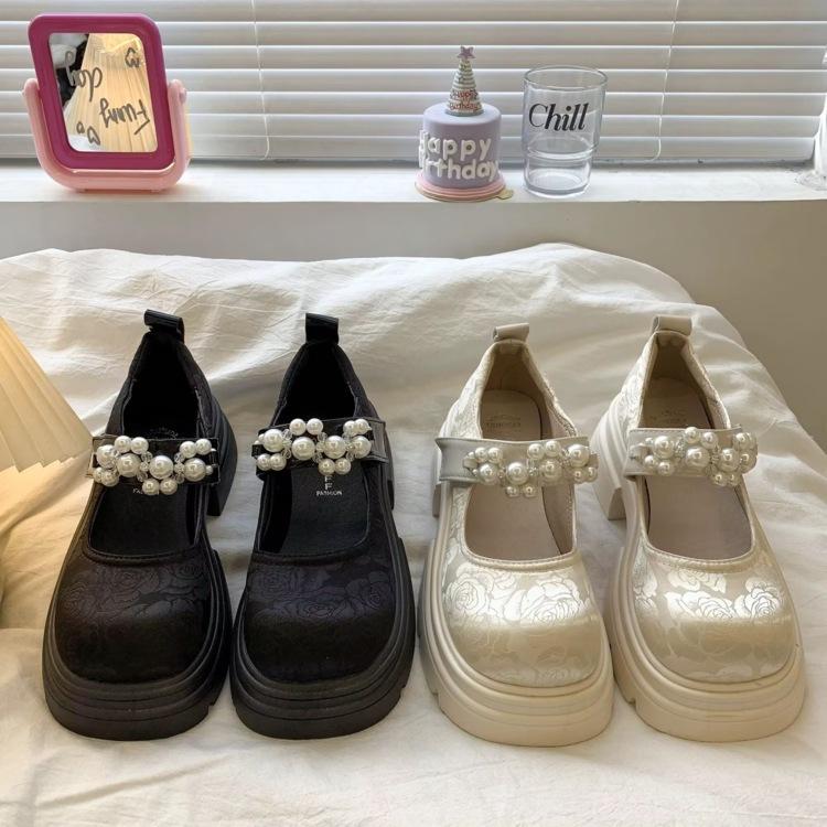 Mary Jane Small Leather Shoes Women's Platform 2025 Summer New Retro Thick Heel Heightening Pearl New Chinese Skirt Shoes