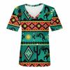 Moda feminina casual confortável estampado decote em V blusa de manga curta