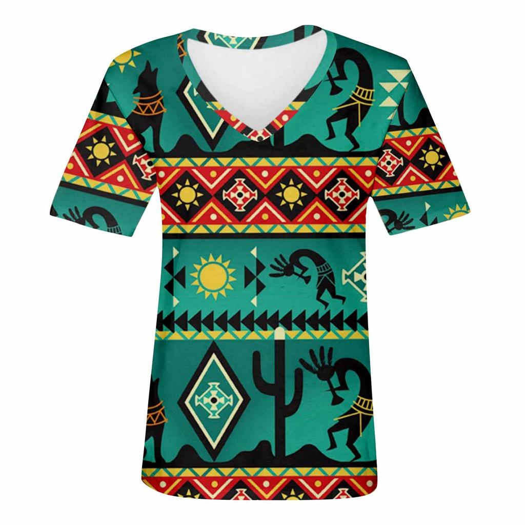 Moda feminina casual confortável estampado decote em V blusa de manga curta