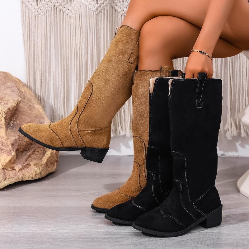 Fashion Chunky Women Knee High Boots Fashion Suede Walking Mid Heels Shoes 2025 Winter Designer Pumps Chelsea Boots Dress Femme Zapatos