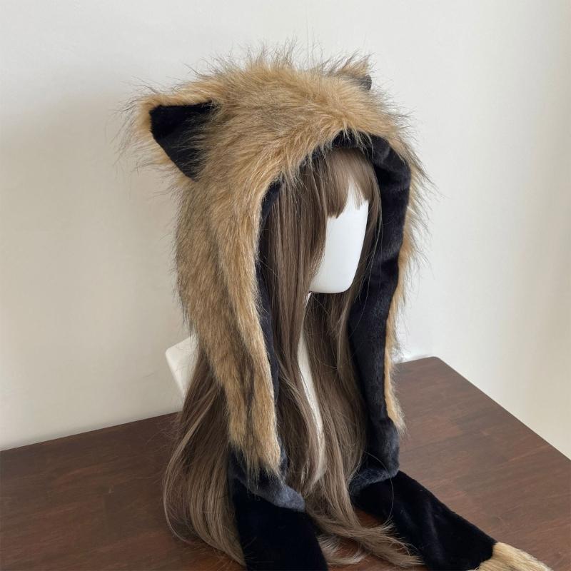 Furry Neck Scarf Hat with Animal Ear Winter Outdoor Sport Shawl Hat Anime Costume Earmuff Hat for Skiing Cold Weather