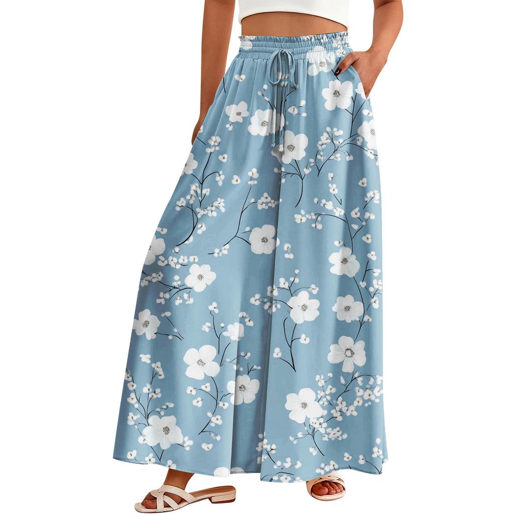 Women's Palazzo Pants Boho Floral Wide Leg Trousers Summer Beach High Waisted Flowy Pants With Pockets