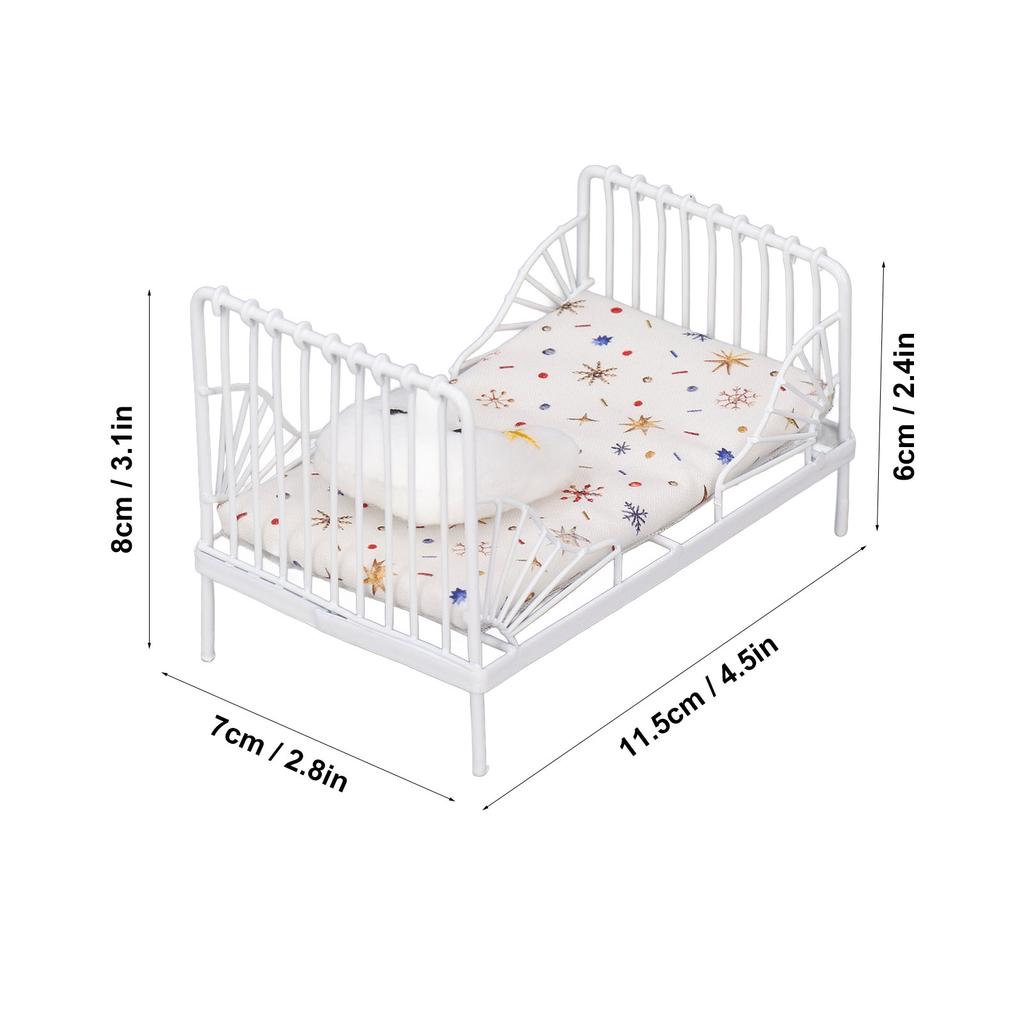 1:12 Scale Dollhouse Furniture Mini Bed Set Decorative Pillow Metal Frame Realistic Miniature Bed White Star Pattern