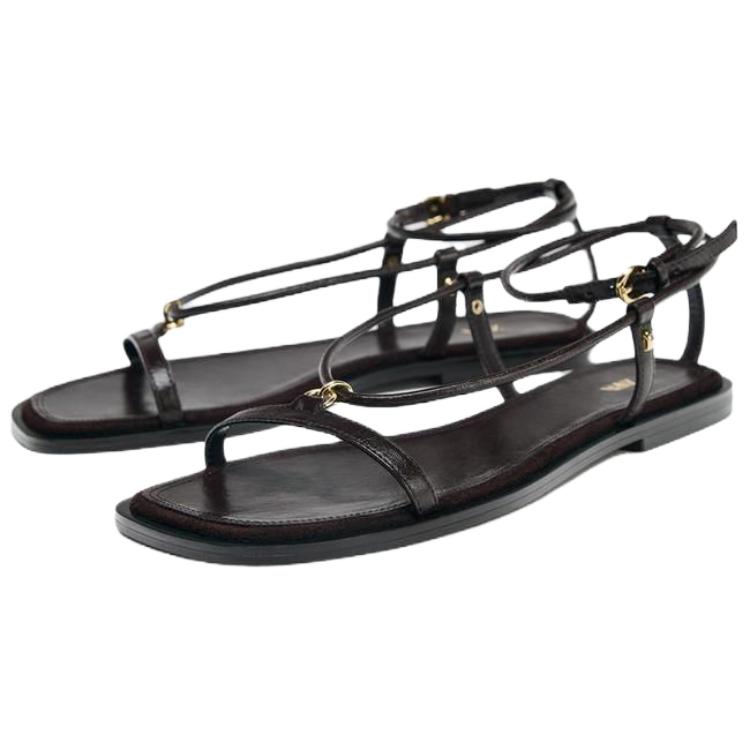 Zara Sheepskin Leather Open-Toe Vintage Strap Sandals 1Cm Women Sandals Brown 1611610700