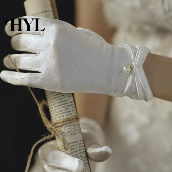 Wedding Bridal Gloves 1 Pair Faux Pearls Decor Shirring Cuffs Solid Color Elegant Short Wrist Satin