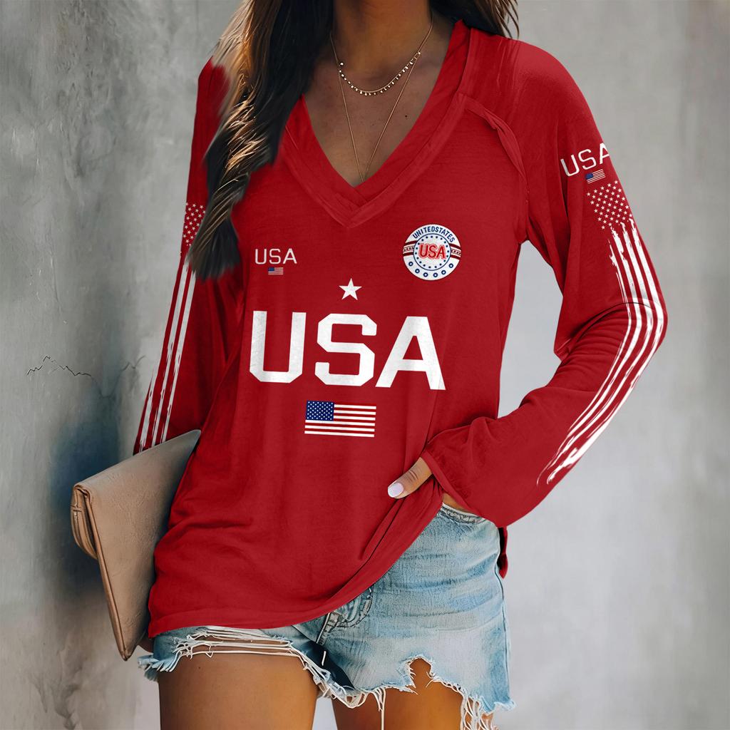 Sweter z długim rękawem i dekoltem w serek z nadrukiem liter USA i grafiką flagi, luźny top w stylu unisex dla kobiet i mężczyzn, wygodny, lekki design