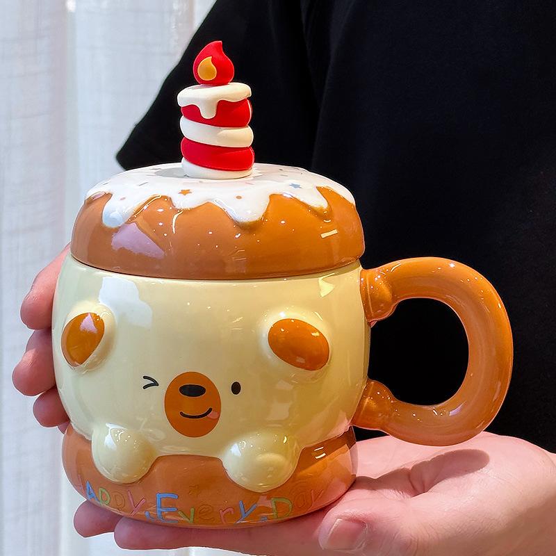 

Birthday Gift Cake Cup Cute Mug Girls High Value Ceramic Cup Children s Design Sense Niche with Cover 430ML