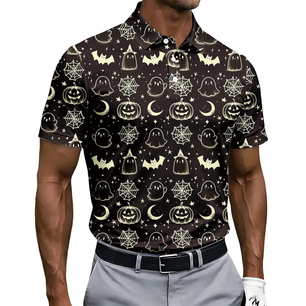 Men's Short Sleeve Polo Shirt Halloween Skull and Rose Print Button Down Casual Fit Lightweight Breathable Fabric