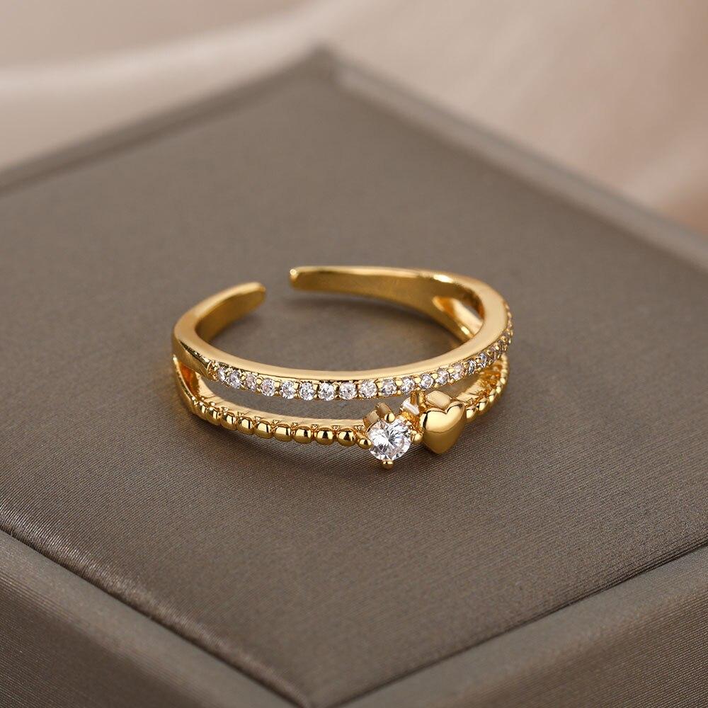 Double Layer Heart Zircon Rings For Women Stainless Steel Crystal Finger Ring  Trend Wedding Jewelry Couple Gift Anillos