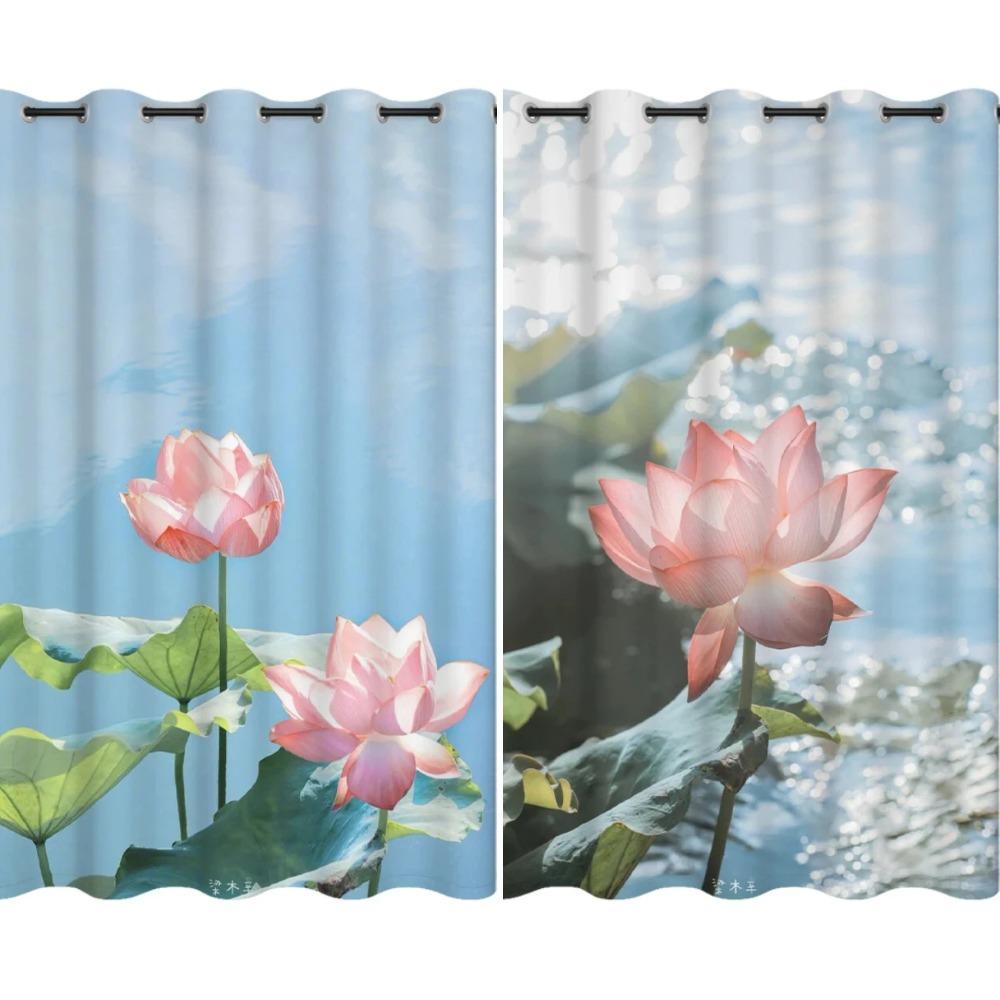 

New Chinese Lotus Floor-to-ceiling Curtain Bedroom Living Room Decoration Blackout Curtain Lotus Pattern Curtain Multiple Colour W55 X H120cm X 2&Grommet Top