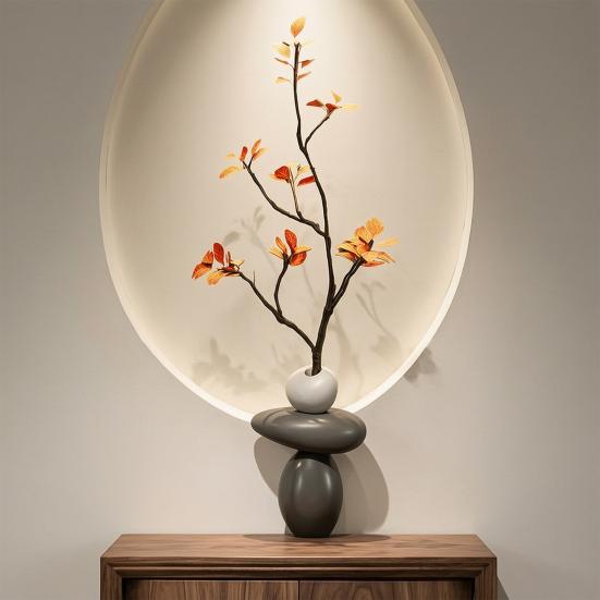 Stacked Rocks Shaped Vase with Artificial Branch, Resin Small Decorative Vase, Boho Modern Bud Vase for Living Room, Dining Table, Shelves