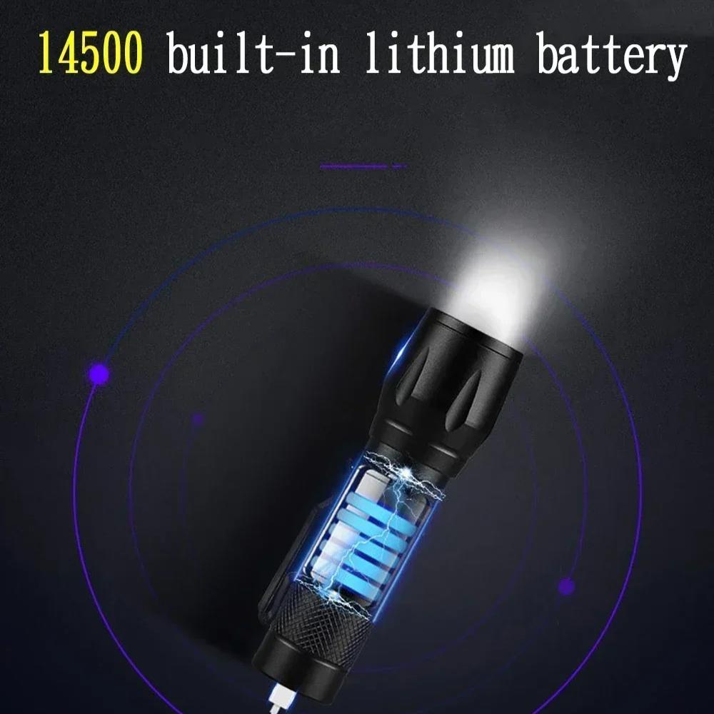 500LM Ultra Bright Mini LED Flashlight USB C Rechargeable COB Zoomable Focus Torch PenClip Camping Emergency Light