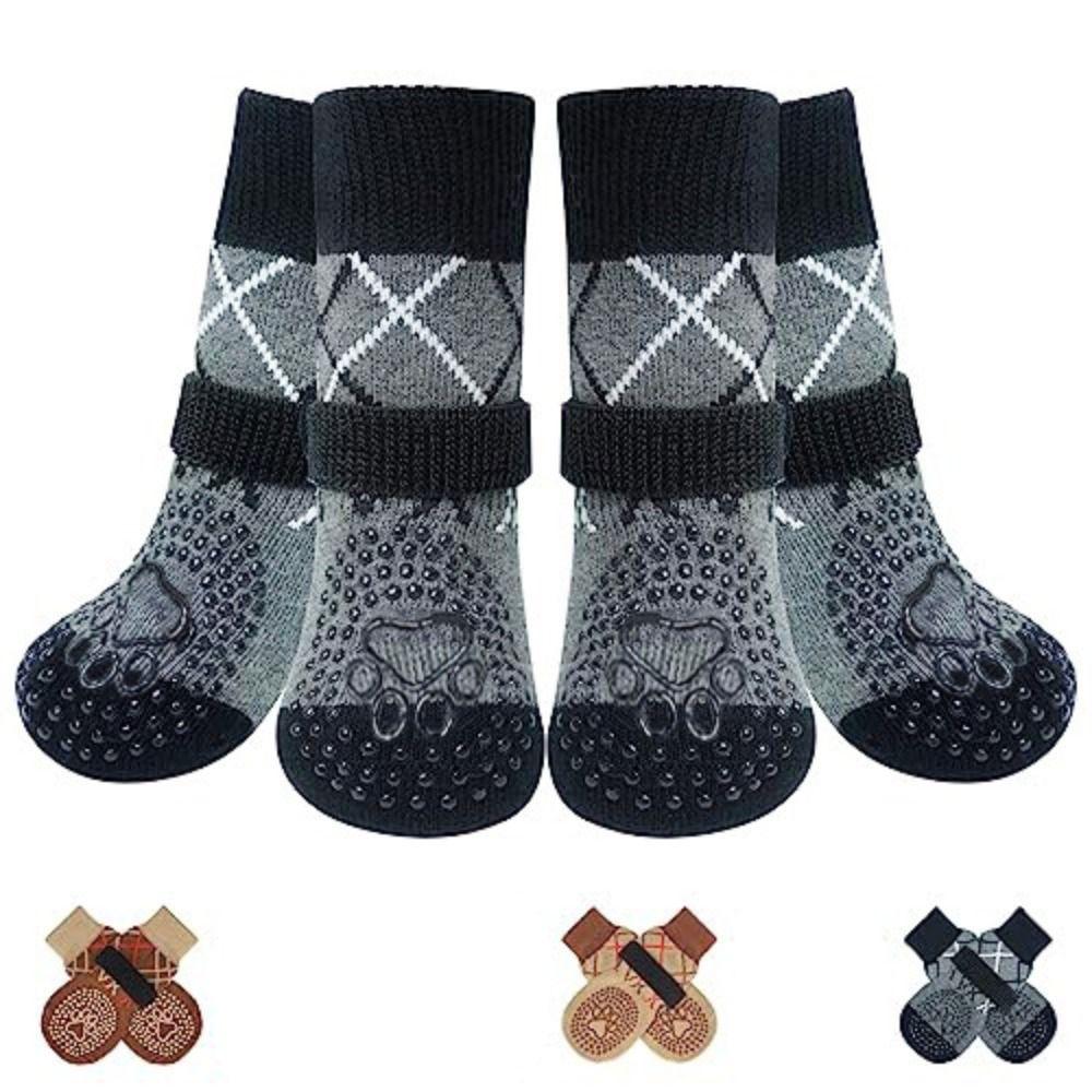 4pcs/set Thickened Anti-Slip Dog Socks Breathable Comfortable Dog Foot Covers Adjustable Knitted Pet Paw Protector