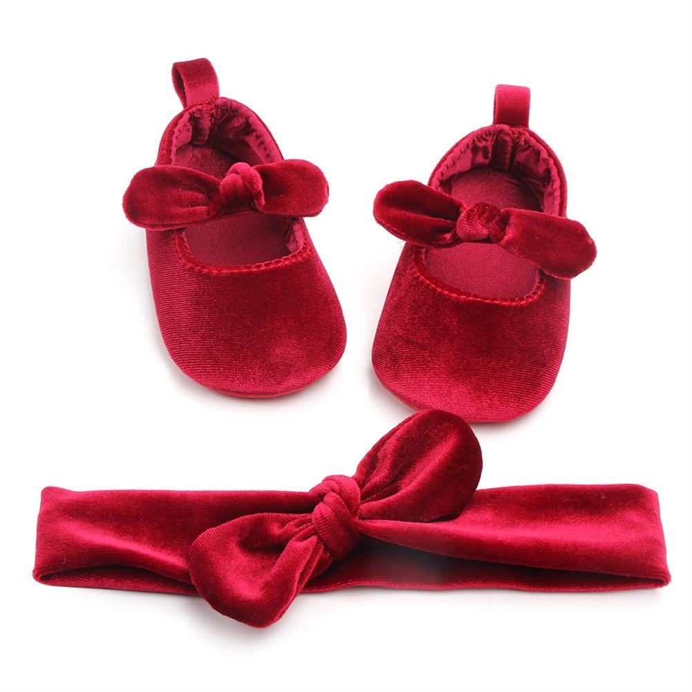 Toddler Kids Sweet Solid Newborn Walking Soft Shoes Bow Ribbon First Walkers Headwear Party Girls