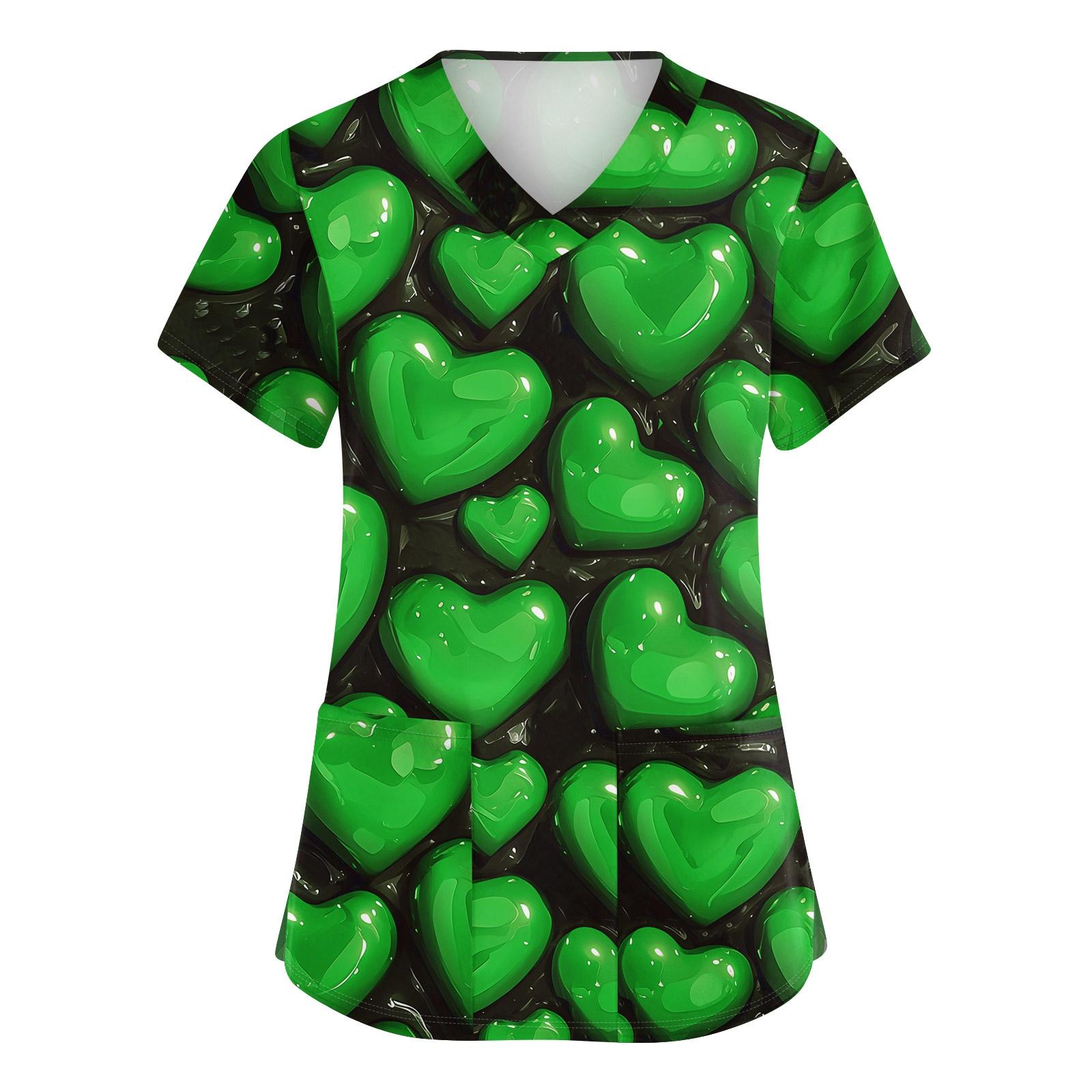 

Women s Cute Bow Printed Work Clothes V-neck Double Layer Pockets Basic Short Sleeve Top Pullover XXXL