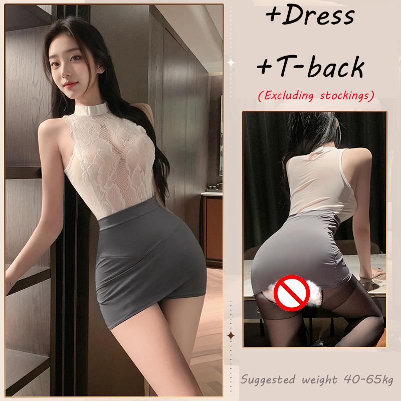 Sexy Office Lady Cosplay Costumes Women Sexy Lingerie Stewardess Outfit Secretary Lace See Through Dress Uniform Set Plus Size