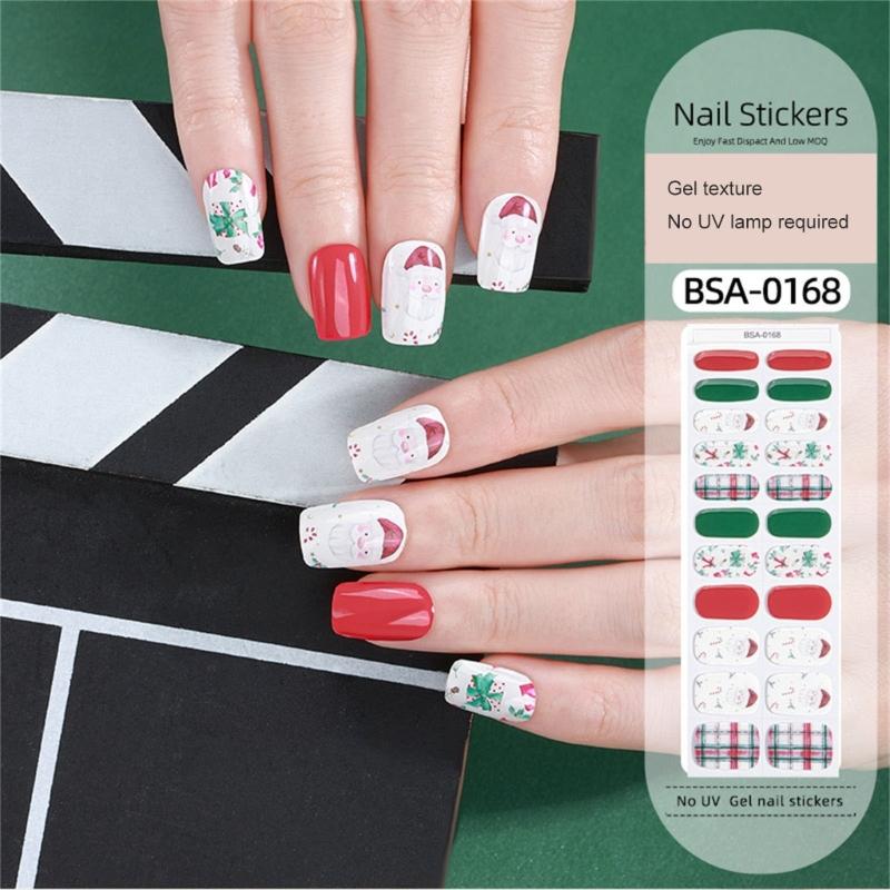 Gel Nail Stickers Full Cover Self Adhesive French Nail Strips Christmas Style Nail Wraps for DIY Manicure Home or Salon