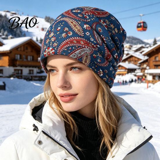 Comfortable Skin Friendly Fabric Cap Women's Geometry Print Slouchy Hat, Casual Soft Stretch Skull Stylish Decorative Head Accessory Cap, Warm Cancer