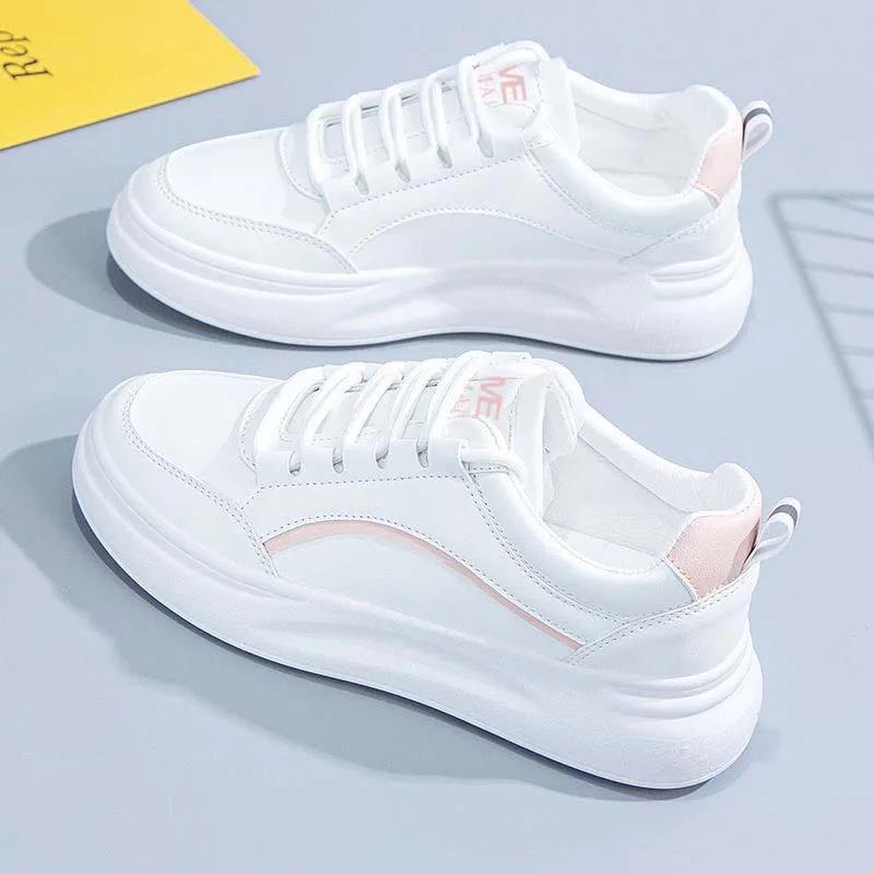 Korean Style Round Toe Laced Casual Student Shoes Color Block Women's Spring Autumn White Sneakers Comfortable Rubber Sole