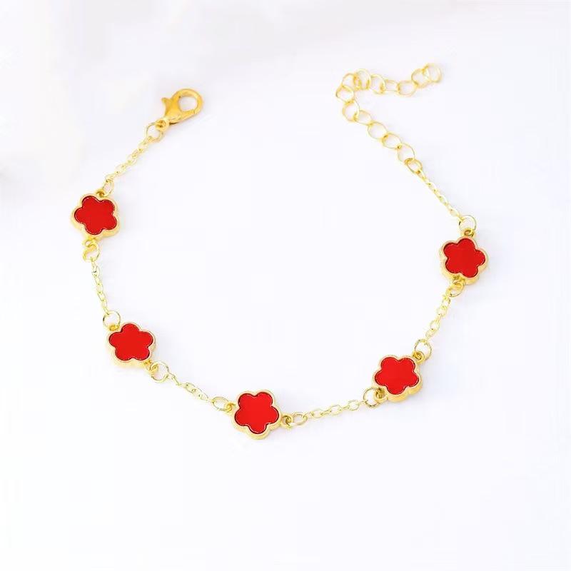 Koreaanse Stijl 4-delige Sieradenset: Bloemenarmband, Ring, Oorbellen met Stud & Klavertje Vier Ketting