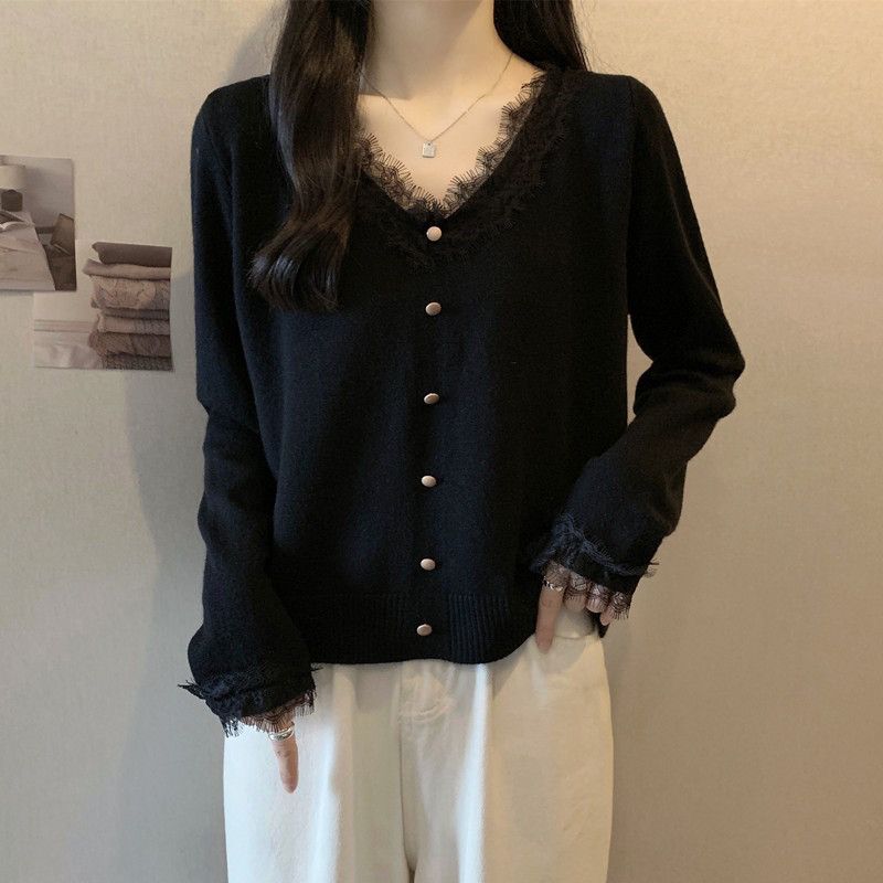 

Black V-neck Fall and Winter Underwear Long Sleeved Top Lace Black M [Recommendation 42.5-50kg]