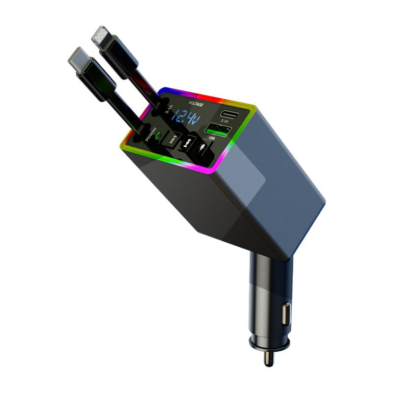 Car Bluetooth MP3 Transmitter - 4-in-1 Fast Charge Retractable Cable Car Charger with Built-in Media Player For iPhone & Android Phones