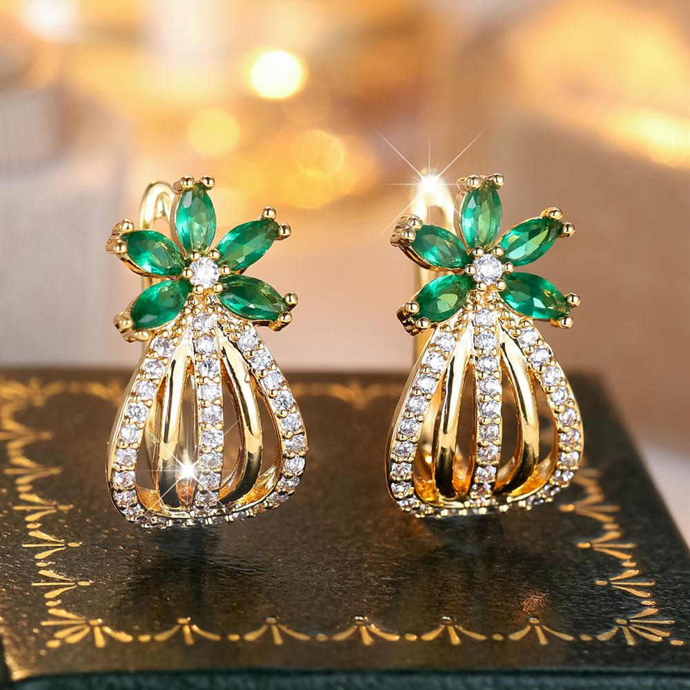 1 Pair Women's Green Cubic Zirconia Flower Drop Dangle Earrings Luxury Gold Color Wedding Party Jewelry Gifts