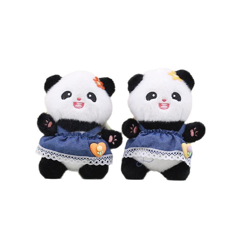 Plush Panda Doll Keychain Pendant Wearing Lace Edged Denim Skirt Design For Kids