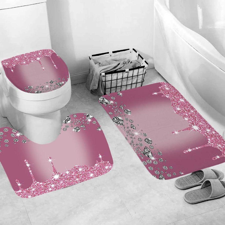 4Pcs Sparkling Diamond Shower Curtain Set, Shiny Bathroom Trim, Carpet And Toilet Seat,Burgundy Luxury Textured Colorful