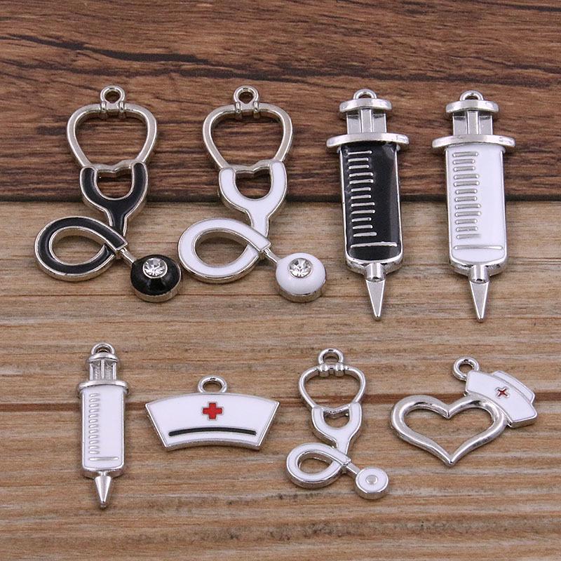 6 Style Medical Charm Jewelry: Drip Oil Stethoscope, Syringe, Heart Pendants in 2 Base Colors
