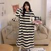A Bao Xi Women's Winter Loose Coral Fleece Striped Cartoon Pajamas - Plus Size, Versatile Outdoor Wear