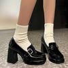 Not Tired Feet! Loafers 2025 Spring Square Head Thick Heel Metal Buckle One Pedal Patent Leather Black Belt Buckle High Heels