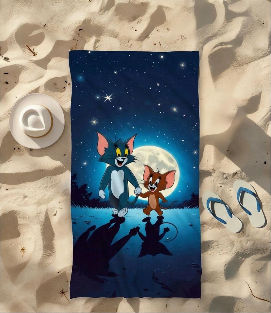T-Tom a-and J-Jerry Starry Night Beach Towel Full Moon Water Reflection Print Quick Dry Towel Pool Camping Kids Teens Gift