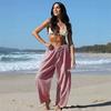 Women Plaid Wide Leg Pants High Waist Drawstring Elastic Waist Casual Loose Fit Cropped Trousers