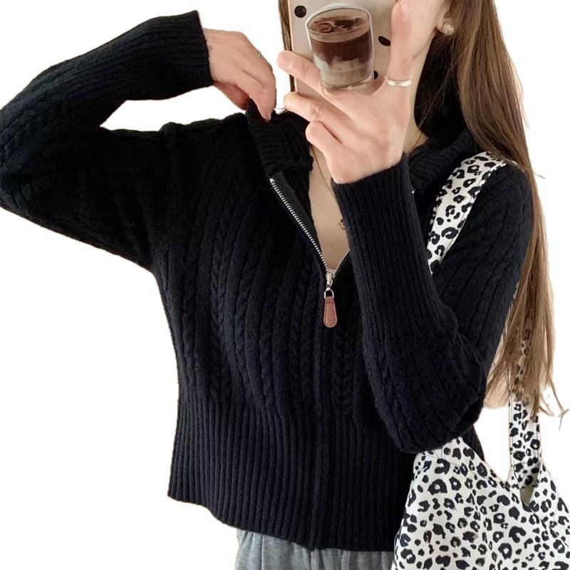 Twist Knitted Zipper Hooded Short Sweater Jacket Waist Slim and Thin Sweet Knitted Cardigan Women's Autumn