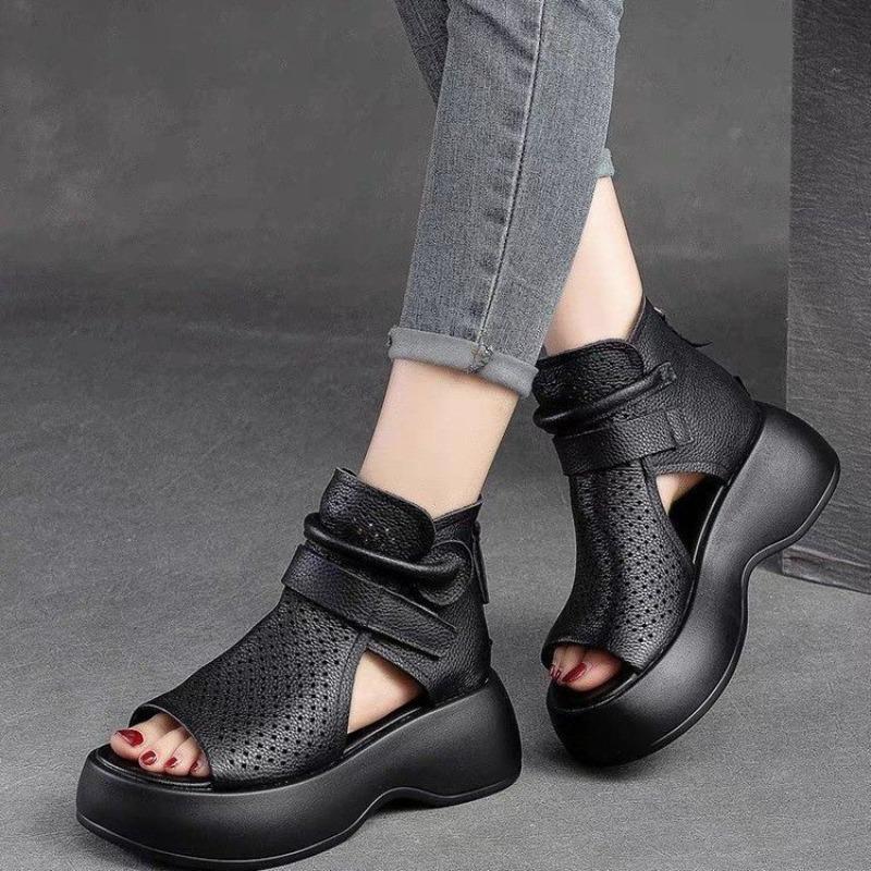 New Plus-size Shoes with Fish-mouth Cutout Boots Thick-soled Wedge Heels and Breathable Cool Boots with Rear Zippers