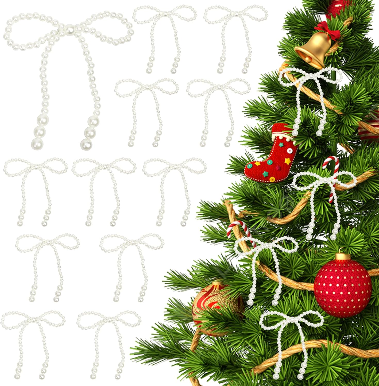 

12PCS White Pearl Bow Christmas Ornaments Hanging Pendant & Cake Topper for Home Wreath/Fence,Wedding/Bridal Holiday Party Decor
