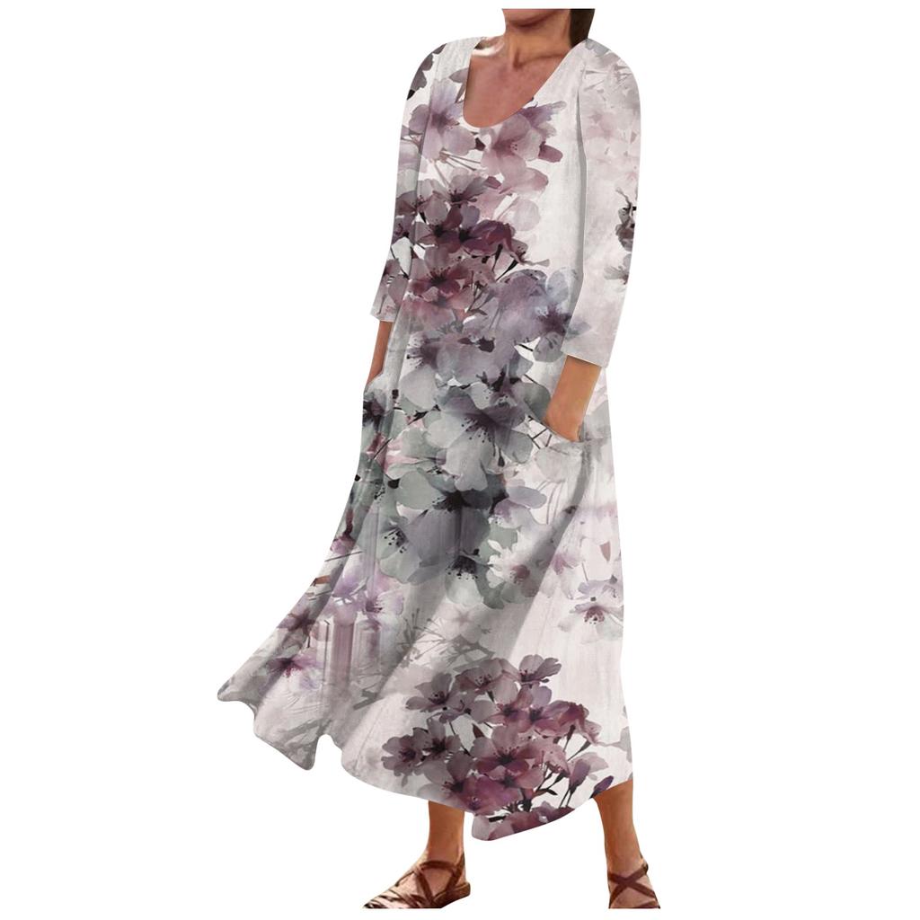 Damenmode, lässig, bedruckt, Rundhalsausschnitt, 3/4-Ärmel, lockere Taschen