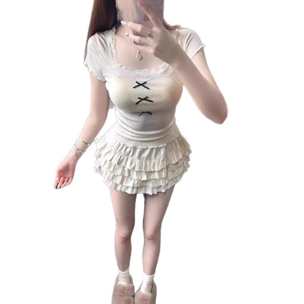 Lace Trim Patchwork Short Sleeve T-Shirt for Women - Spring/Summer Petite Straight Shoulder Top