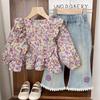 2025 Trendy Floral Shirt & Lace Trim Jeans Set for Girls