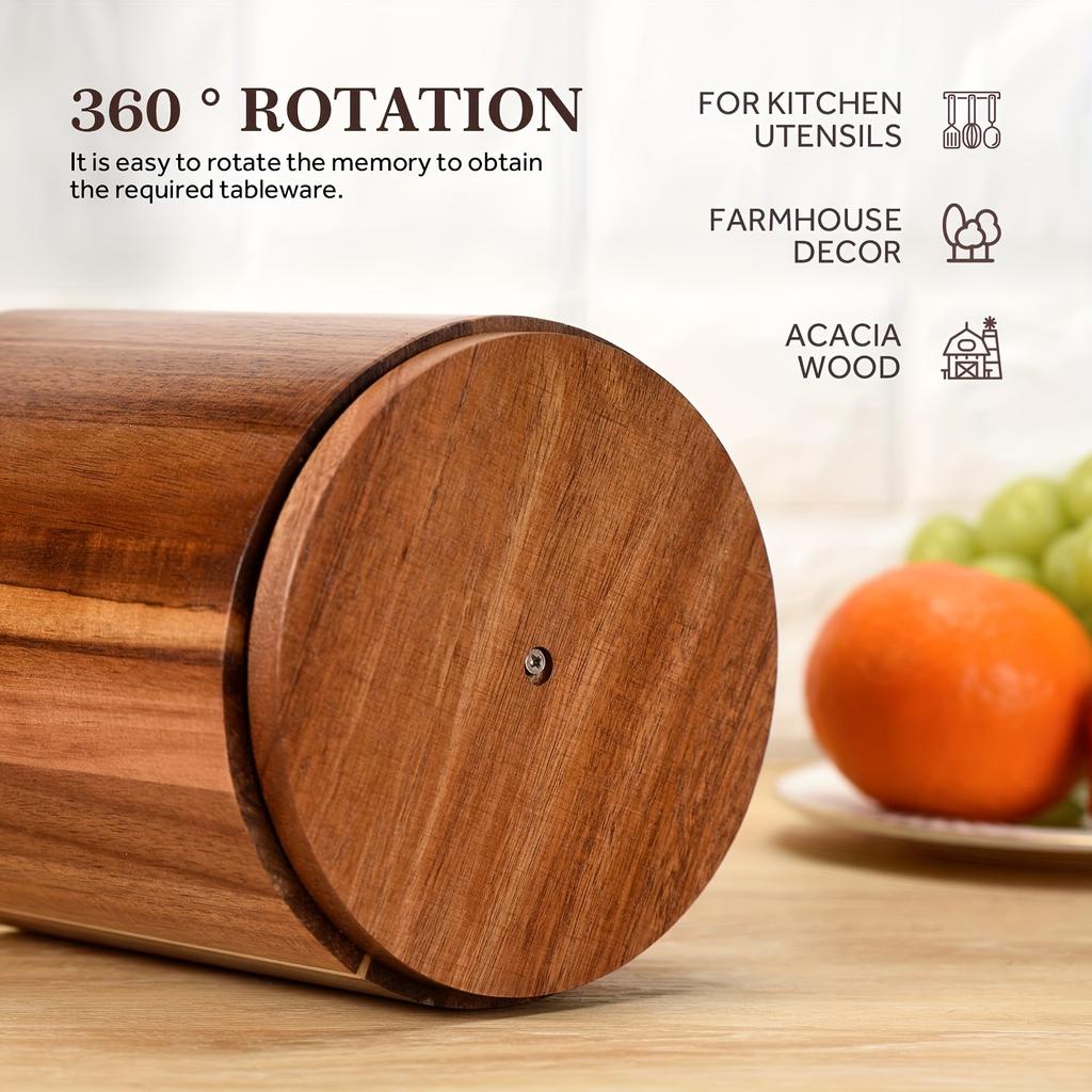 Extra Large Acacia Wood Utensil Holder - 360° Rotating Countertop Organizer, 19.3cm Kitchen Storage for Spoons, Whisks