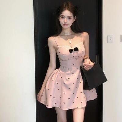 Sweet Lace Dress Slim Fit Bow Skirt Fashion Halter Dress  Streetwear