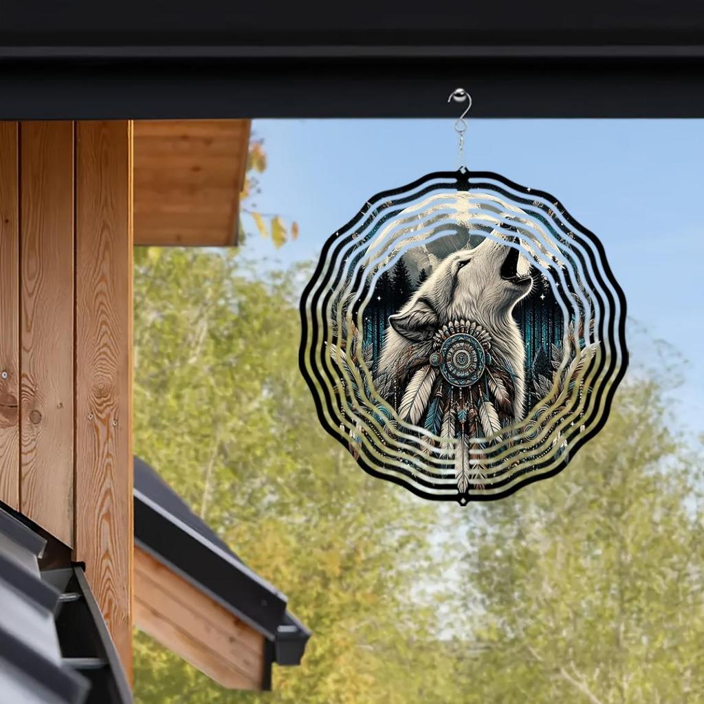 Howling Wolf Wind Spinner 10 Inch 2D Laser Cut Metal Art Decor 360 Rotating Hook for Outdoor Indoor Garden Yard Rustic Home Gift
